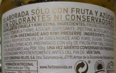 Lista de ingredientes del producto Helios Mermelada Ciruela Kiwi EXTRA 340G Helios 340 g