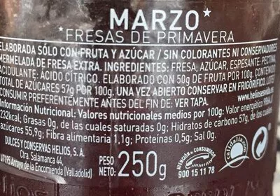 Lista de ingredientes del producto Marmelade fraise Helios 250g