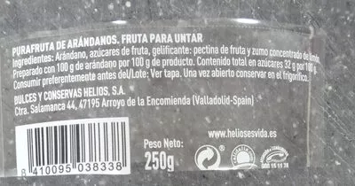 Lista de ingredientes del producto Purafruta mermelada de arándano de huelva sin gluten Helios 