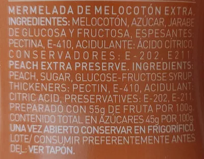 Lista de ingredientes del producto Mermelada Extra De Melocotón En Formato Antigoteo Helios 350 g