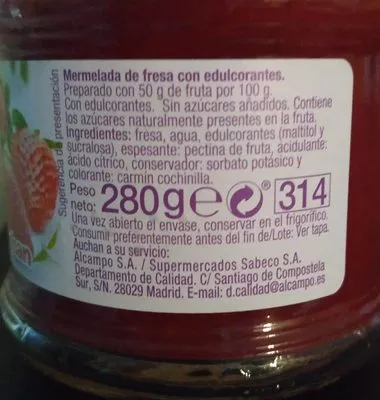 Lista de ingredientes del producto Mermelada Extra de Fresa. Diet Auchan 280 g