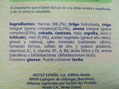 Lista de ingredientes del producto 8 cereales con miel Nestlé 