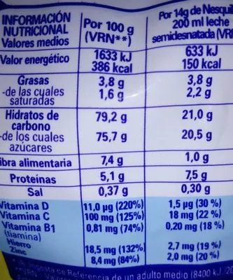 Lista de ingredientes del producto Nesquik Nestlé 1'5kg