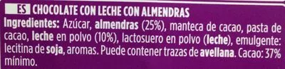 Lista de ingredientes del producto Chocolate con leche almendras Valor 