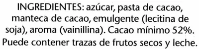 Lista de ingredientes del producto Tableta de chocolate negro 52% cacao El Corte Inglés 125 g