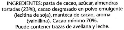 Lista de ingredientes del producto Tableta de chocolate negro con almendras 70% cacao El Corte Inglés 150 g