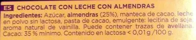 Lista de ingredientes del producto Chocolate con leche sin lactosa y almendras enteras Valor 150 g