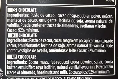 Lista de ingredientes del producto Chocolate negro sin gluten Valor 170 g