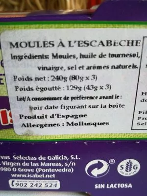 Lista de ingredientes del producto Mejillones en escabeche en origen seleccionados Isabel 240 g