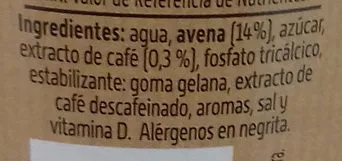 Lista de ingredientes del producto Bebida de café + avena Vivesoy, Vivesoy go! 200 ml