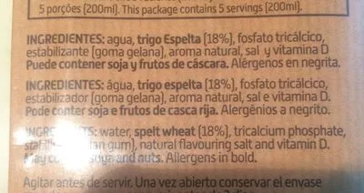 Lista de ingredientes del producto Bebida de Espelta ViveSoy 1 l