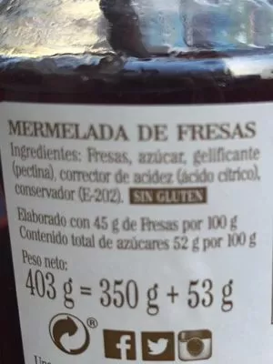 Lista de ingredientes del producto Mermelada fresas La Vieja Fábrica 403 g