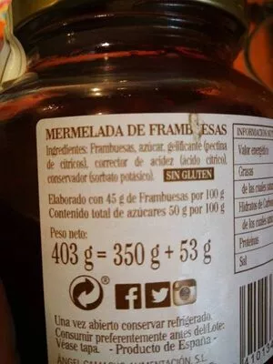 Lista de ingredientes del producto Mermelada de frambuesas La Vieja Fábrica 403 g