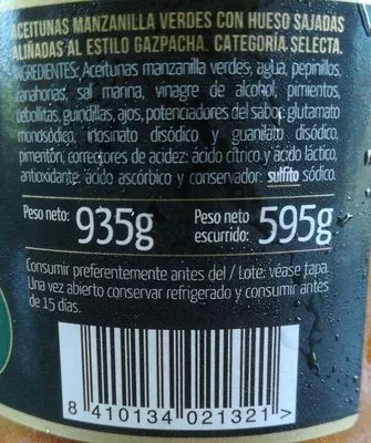 Lista de ingredientes del producto Aceitunas aliñadas estilo gazpacha Fragata 595 g