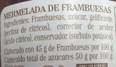 Lista de ingredientes del producto Mermelada de frambuesas La Vieja Fabrica 800 g