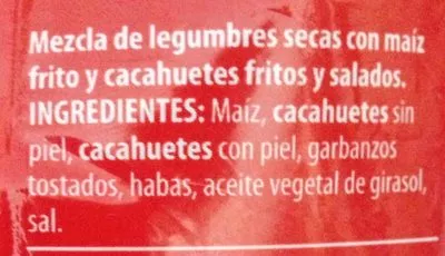 Lista de ingredientes del producto Mescla de frutos secos  