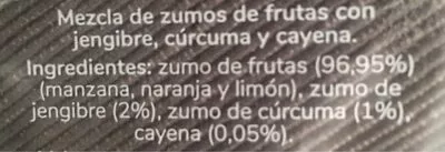 Lista de ingredientes del producto Shot cúrcuma cayena Ready to Feel 