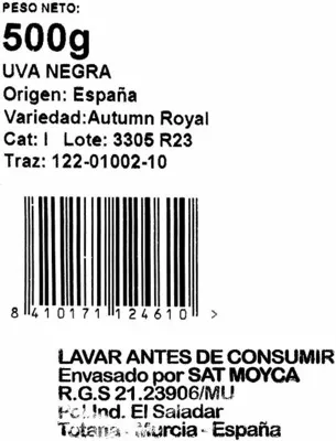 Lista de ingredientes del producto Uva negra sin semilla tarrina La Vendimia 500 g