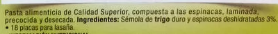 Lista de ingredientes del producto Lasaña fácil espinacas El Pavo 200 g (18 placas)