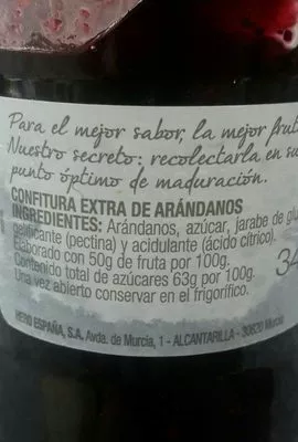 Lista de ingredientes del producto Mermelada de arándanos Hero 