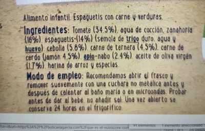 Lista de ingredientes del producto Espaguetis con carne y verduritas Hero Nanos 