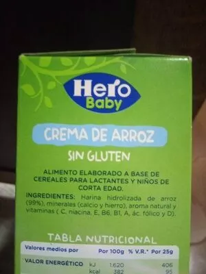 Lista de ingredientes del producto Crema de arroz sin gluten Hero baby 