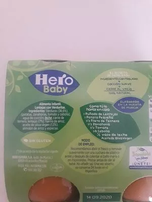 Lista de ingredientes del producto Recetas caseras lentejas con verduritas Hero baby 