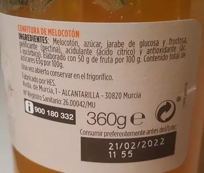 Lista de ingredientes del producto Confitura de melocotón  360 g