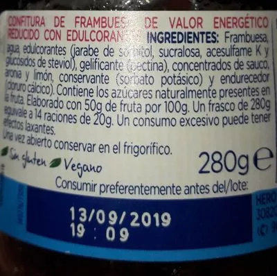 Lista de ingredientes del producto Diet frambuesas Hero 280 g