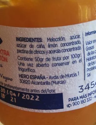 Lista de ingredientes del producto Todo natural confitura de melocotón Hero 