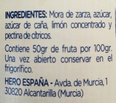 Lista de ingredientes del producto Moras de zarza (confiture de mûres) Hero 