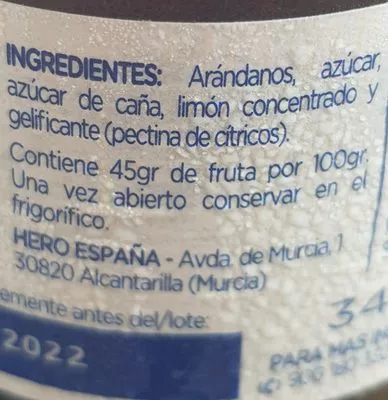 Lista de ingredientes del producto Arandanos Hero 345 g