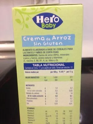 Lista de ingredientes del producto Crema de arroz sin gluten 0% Hero Baby 