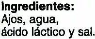 Lista de ingredientes del producto Dientes de ajo encurtidos Delicias 100 g (neto), 65 g (escurrido, 106 ml