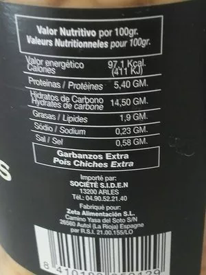 Lista de ingredientes del producto Pois-chiches extra rabinad Rabinad 