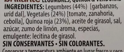 Lista de ingredientes del producto Benefit legumbres quinoa verduras Brillante 250 g