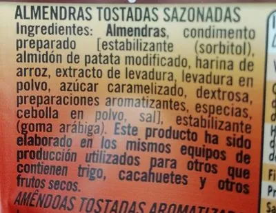 Lista de ingredientes del producto Almendras al horno (amandes)  