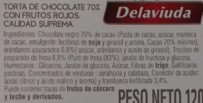 Lista de ingredientes del producto Torta de chocolate negro con frutos rojos Delaviuda 120 g