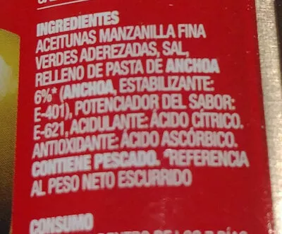 Lista de ingredientes del producto Aceitunas verdes rellenas anchoa La Española 100 g