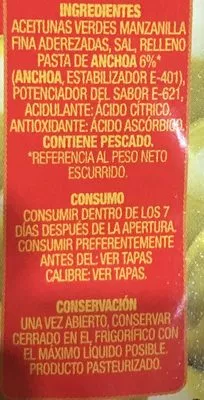 Lista de ingredientes del producto Clásicas aceitunas rellenas de anchoa lata 150 g La Española 350g