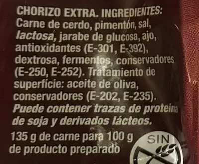 Lista de ingredientes del producto CHORIZO PUEBLO EXTRA REVILLA Revilla 