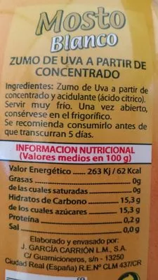 Lista de ingredientes del producto Zumo De Uva A Partir De Concentrado. Cason Historico 