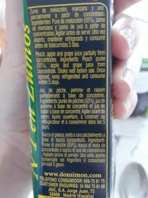 Lista de ingredientes del producto Zumo melocotón y uva briks Don Simón 200 ml