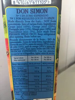 Lista de ingredientes del producto Don Simon Gran Selecion Tropical Fruits Juice Don Simón 