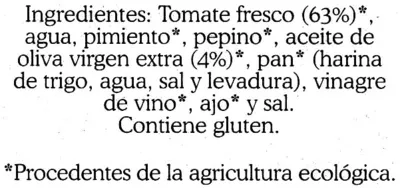 Lista de ingredientes del producto Gazpacho La Huerta de Bertín 1 l