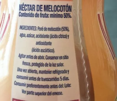 Lista de ingredientes del producto Néctar De Melocotón. Contenido De Fruta: Mínimo 50% La Verja 