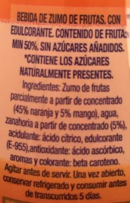 Lista de ingredientes del producto Jus orange, mangue et carotte  