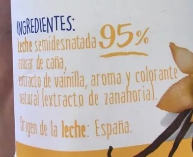 Lista de ingredientes del producto Batido de vainilla Asturiana 