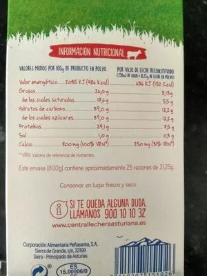 Lista de ingredientes del producto Leche polvo entera Asturiana 