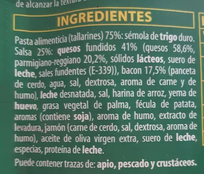 Lista de ingredientes del producto Tallarines a la carbonara Gallina Blanca 